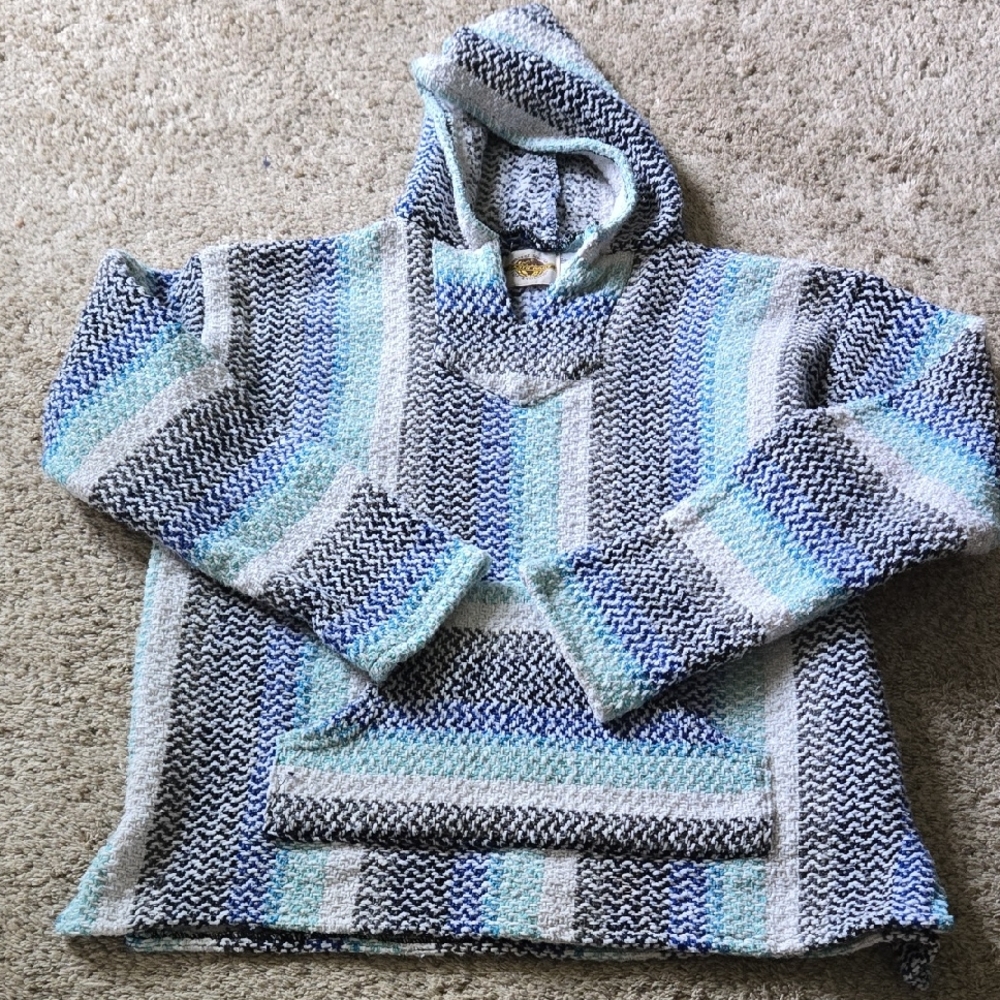 Earth Ragz Brand Hoodie Mens Large Striped Sweatshirt Pullover Baja Poncho Rug
